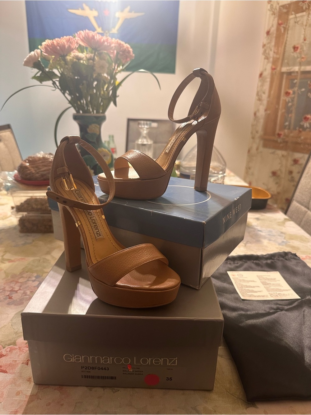 Gianmarco Lorenzi Tan Leather Platform Ankle-Strap Heels